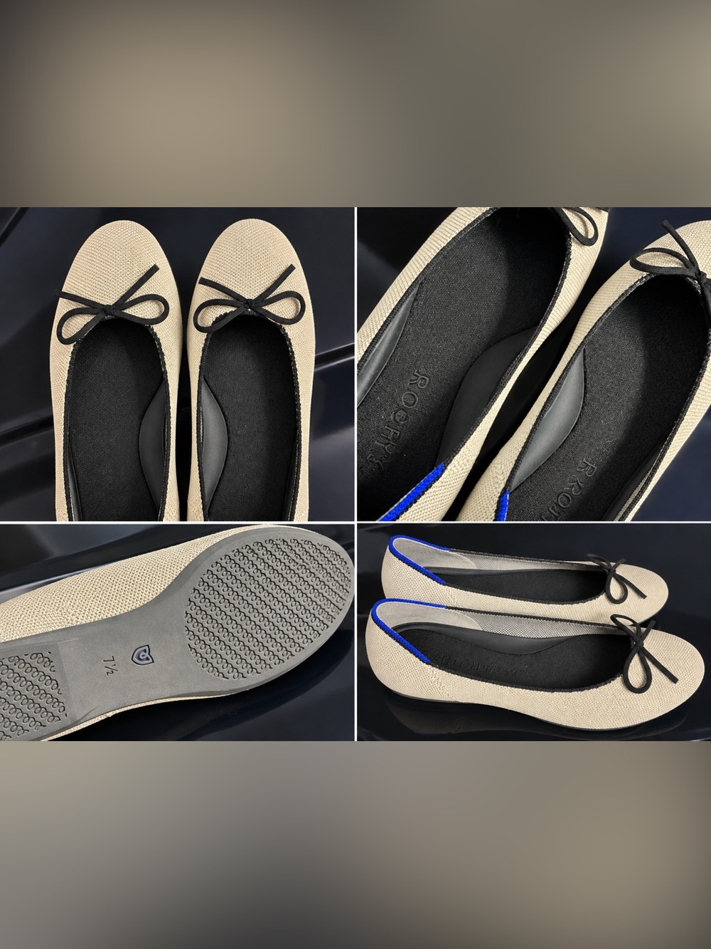 Rothy's Beige Ballet Flats with Black Trim and Blue Heel Accent